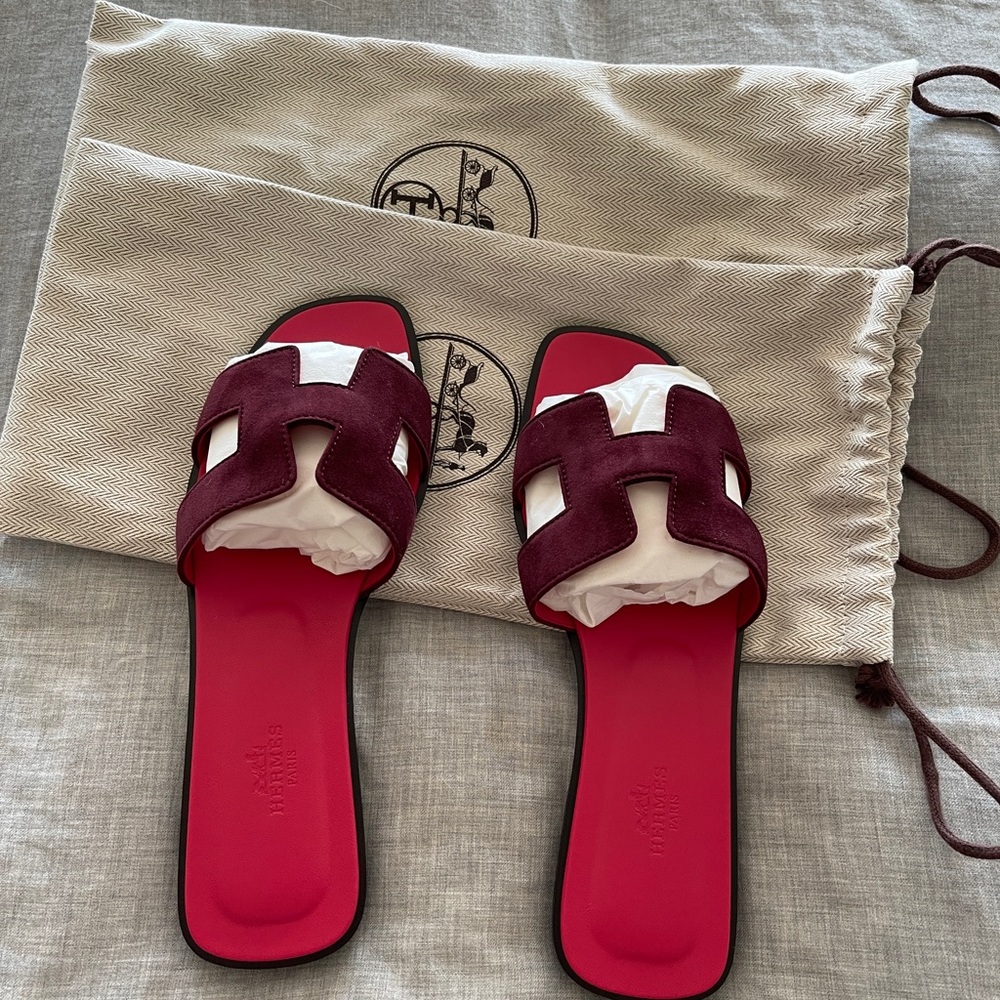Hermes Oran Suede Sandals Mules 39 Brand New 2022 Suede Pink Burgundy Sold Out
